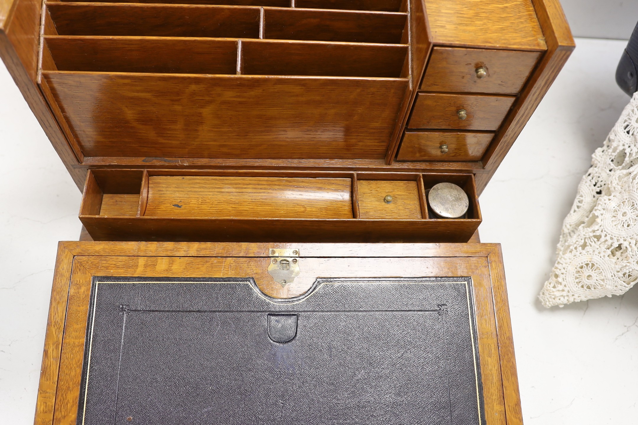 A Victorian oak stationary box/ writing slope